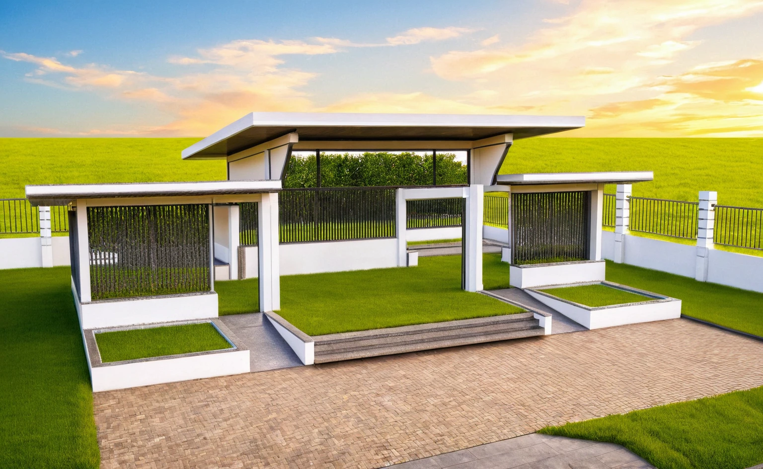 Masterpiece, high quality, best quality, authentic, super detail, outdoors, huts style modern, bietthuhn, white concrete wall, field landscape, sunset, gate road, pavement, grass, trees, blue sky, cloud, (day:1.1), realistic lighting