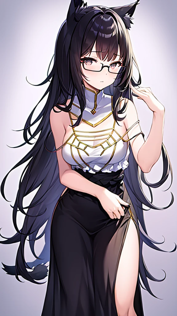 A 20-year-old cat girl with long black hair, gray eyes, cat ears and a cat tail, wears glasses, black  long dresses sexy, sleeveless, standing, looking down