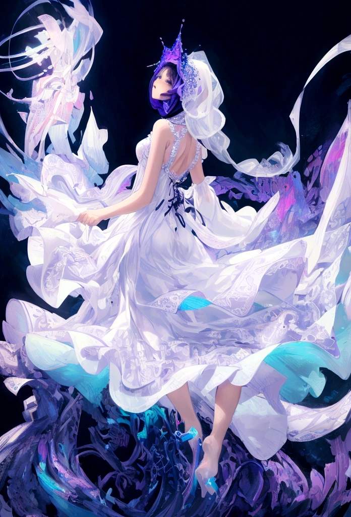 A masterpiece ((highly detailed, high resolution, high quality, high resolution)) girl, hijab, white blue-purple dress decorated with black drawing, neon lights, complex digital drawing, very beautiful digital drawing, amazing digital drawing