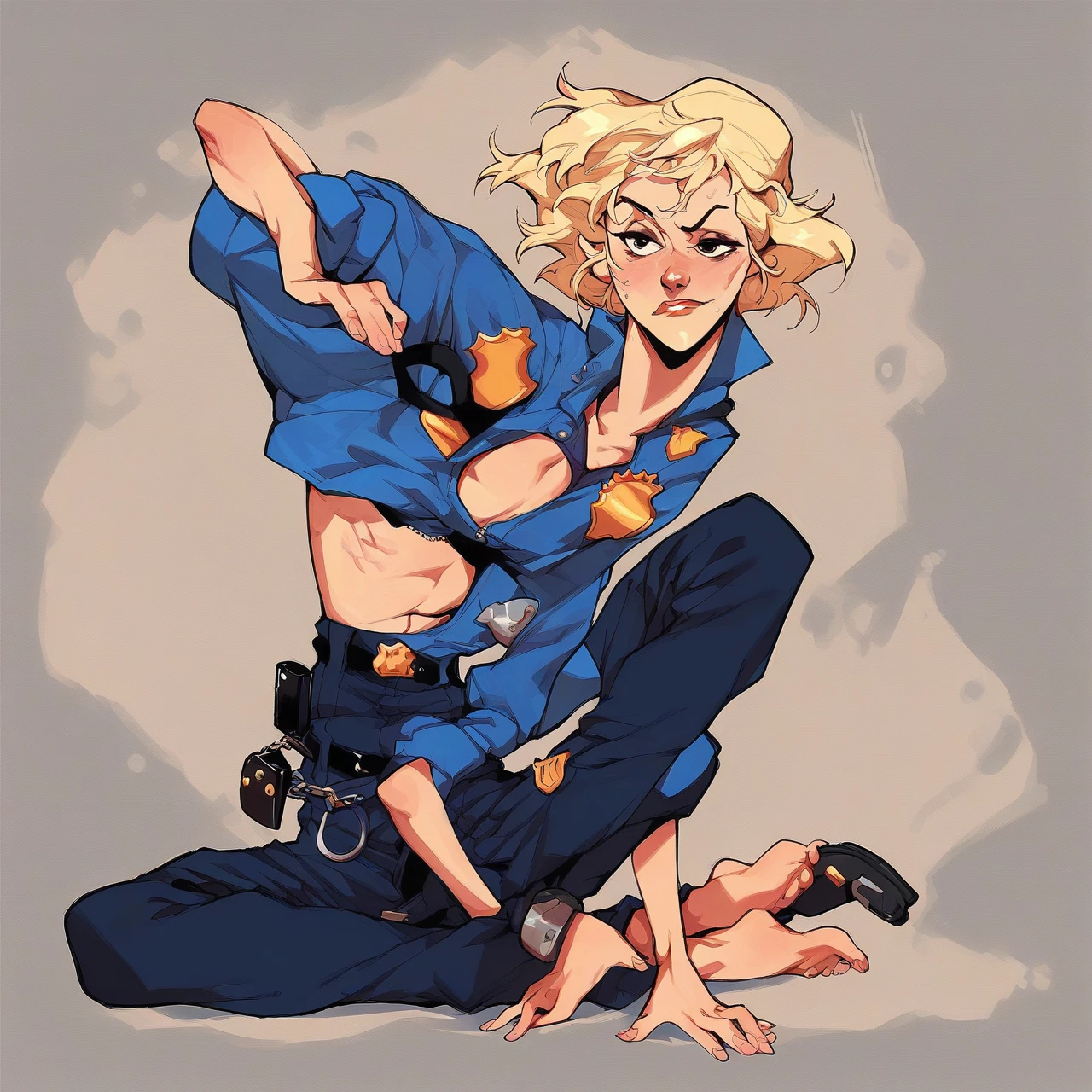 score_9, score_8_up, score_7_up, score_6_up, score_5_up, score_4_up, mirandawright, short hair, blonde hair, police uniform, solo, unzipped pants, belt undone, pants undone, underwear showing, pants down at ankles