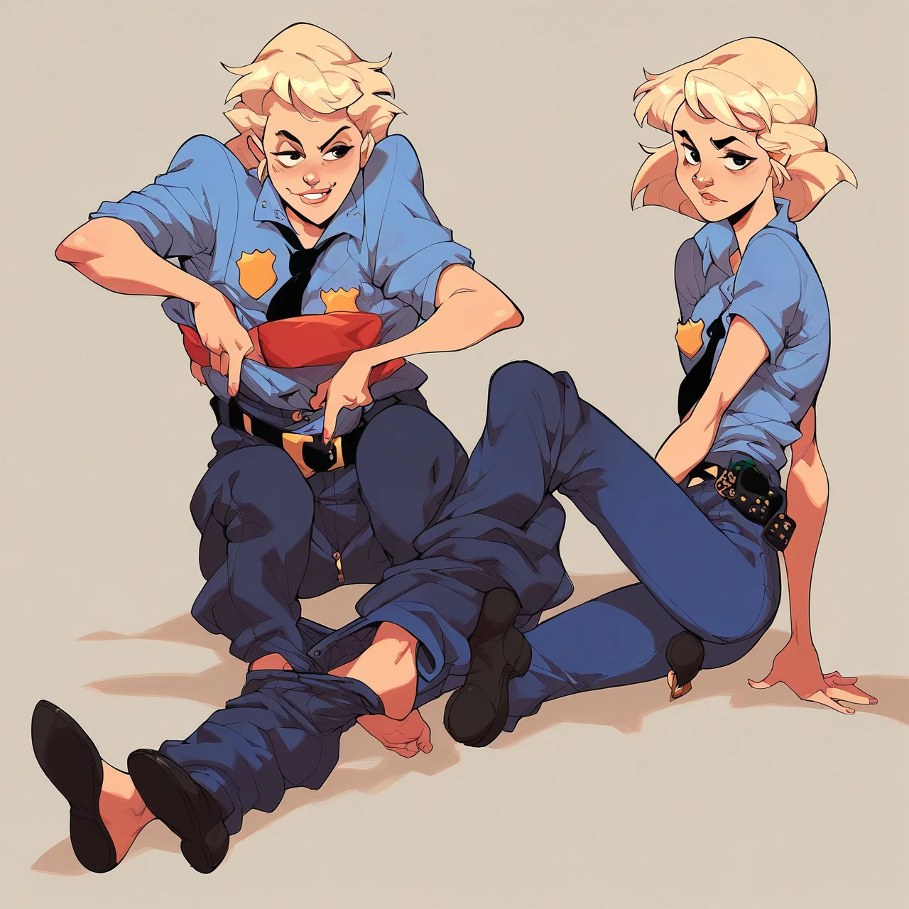 score_9, score_8_up, score_7_up, score_6_up, score_5_up, score_4_up, mirandawright, short hair, blonde hair, police uniform, solo, unzipped pants, belt undone, pants undone, underwear showing, pants down at ankles