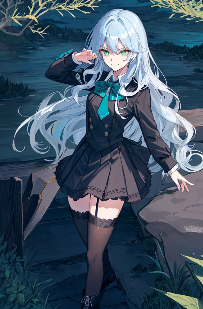 hill background,original,(illustration:1.1),(best quality),(masterpiece:1.1),(extremely detailed CG unity 8k wallpaper:1.1), (colorful:0.9),(mid shot:0.95),(highly detailed beautiful face and body),(solo:1.2), (girl),(((adult))), (detailed beautiful eyes:1.15), (beautiful face:1.15), (glowing green eyes:1.25////),((jewel-like eyes)),(petite),(cute girl),(((blue long hair))),((blue long hair)),(wavy hair),((wavy hair)),(+perfect hand+:1.21),(gothic school uniform),(Religious),(slender),(black clothes),(gothic ribbon),ribbon tie,small breasts,miniskirt,gothic boots,black thighhighs,slim body,(evil smile),detailed background,eluding,erotic thighs,((stand ready for enemy attack)),((on the hill)),((angle from above)),(angry),slightly elevated location,There is a little grass and trees around,You can see the village in the distance,from side,