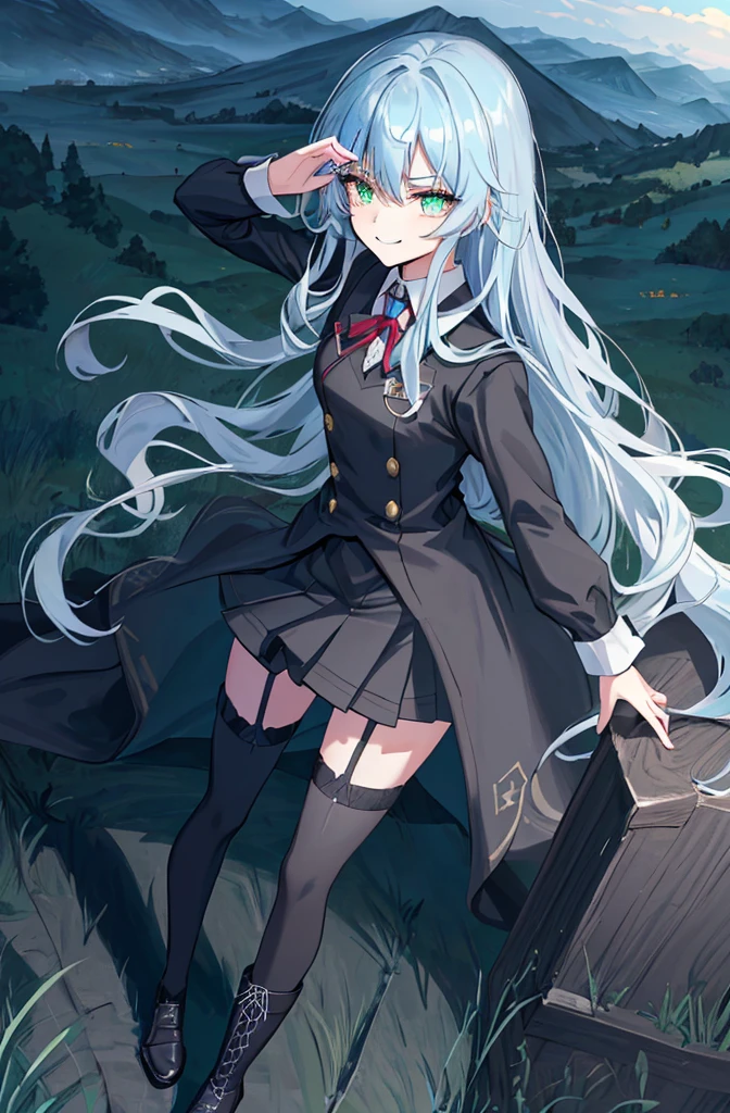 hill background,original,(illustration:1.1),(best quality),(masterpiece:1.1),(extremely detailed CG unity 8k wallpaper:1.1), (colorful:0.9),(mid shot:0.95),(highly detailed beautiful face and body),(solo:1.2), (girl),(((adult))), (detailed beautiful eyes:1.15), (beautiful face:1.15), (glowing green eyes:1.25////),((jewel-like eyes)),(petite),(cute girl),(((blue long hair))),((blue long hair)),(wavy hair),((wavy hair)),(+perfect hand+:1.21),(gothic school uniform),(Religious),(slender),(black clothes),(gothic ribbon),ribbon tie,small breasts,miniskirt,gothic boots,black thighhighs,slim body,(evil smile),detailed background,eluding,erotic thighs,((stand ready for enemy attack)),((on the hill)),((angle from above)),(angry),slightly elevated location,There is a little grass and trees around,You can see the village in the distance,from side,