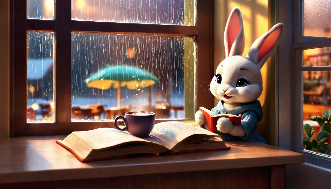 It's raining outside. A scene from a cafe with a warm atmosphere. An anthropomorphized baby rabbit is reading a book while drinking hot chocolate at a window seat. The warm light and calm expression are impressive.