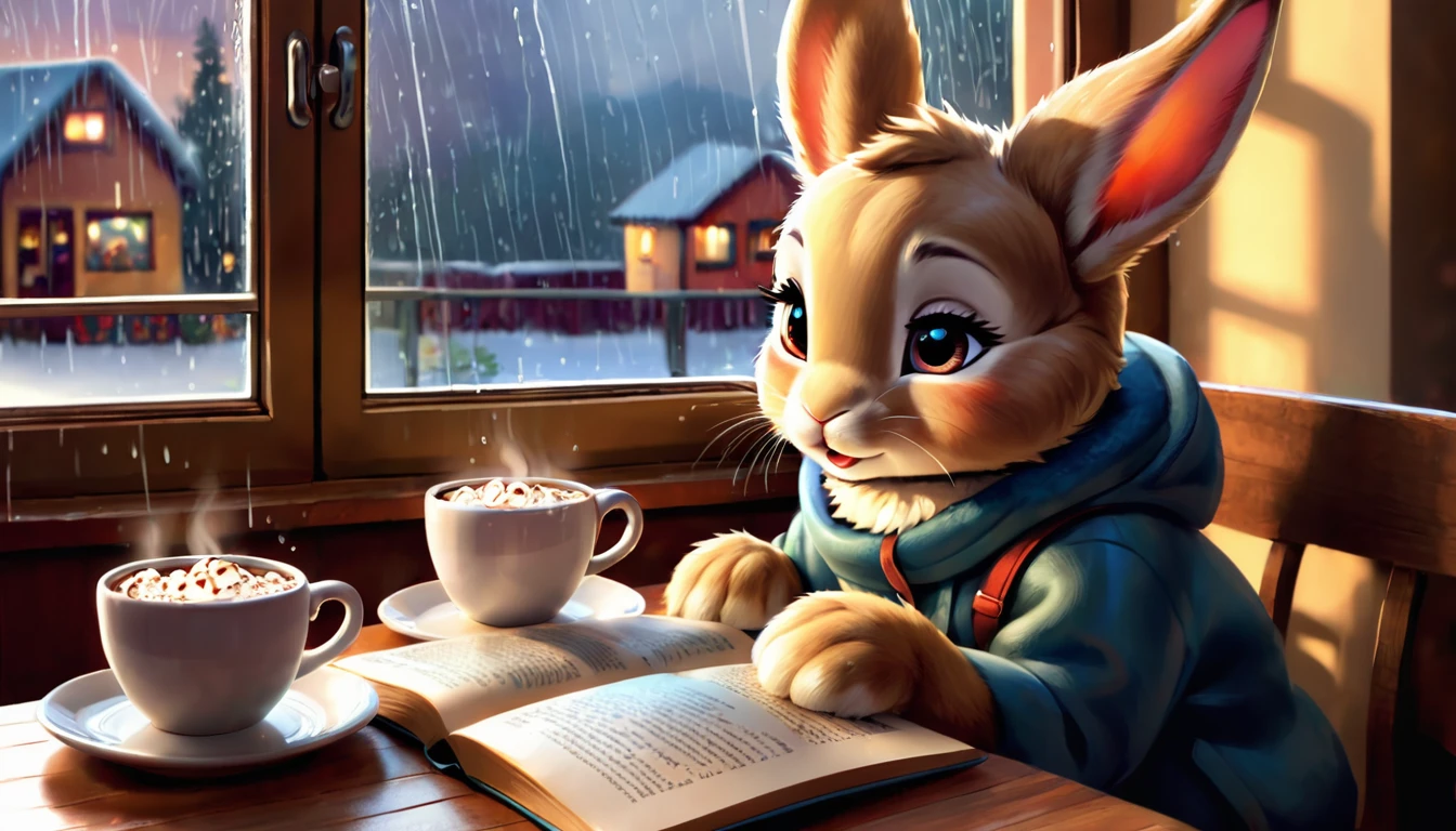 It's raining outside. A scene from a cafe with a warm atmosphere. An anthropomorphized baby rabbit is reading a book while drinking hot chocolate at a window seat. The warm light and calm expression are impressive.