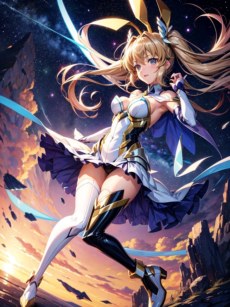 Highest quality,Highest Resolution,A beautiful girl in a metallic high-leg outfit, like Tsubasa Kazanari from Symphogear,Earth Behind,universe,Milky Way,