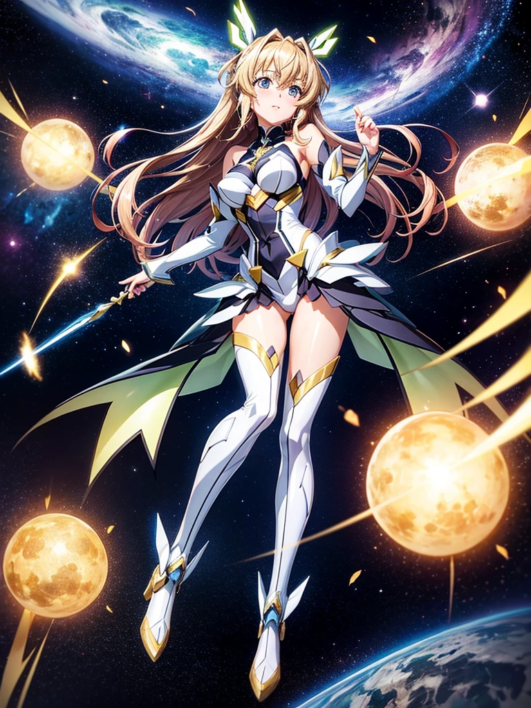 Highest quality,Highest Resolution,A beautiful girl in a metallic high-leg outfit, like Tsubasa Kazanari from Symphogear,Earth Behind,universe,Milky Way,