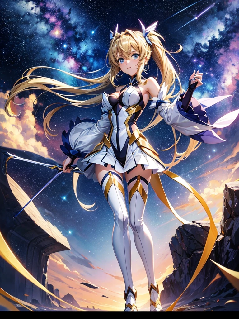 Highest quality,Highest Resolution,A beautiful girl in a metallic high-leg outfit, like Tsubasa Kazanari from Symphogear,Earth Behind,universe,Milky Way,