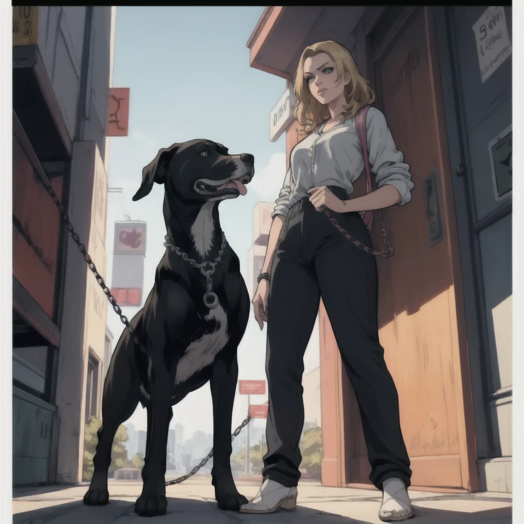 GTAV Loading Screen 2D Graphics, wide angle, whole body, blonde girl standing , holding a chiwawa and a pitbull on a chain with a leash, GTA5 character, cinematographic composition, in front of a city, shadow, bright cinematic lighting, soft contrast, GTA5 loading screen, gta art, 4K Wallpaper, 4K Wallpaper, high quality 4k wallpaper, gta loading screen graphics, arte the fan, art of rockstar games