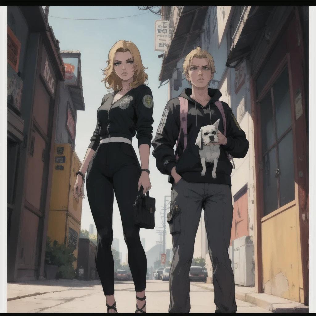 GTAV Loading Screen 2D Graphics, wide angle, whole body, blonde girl standing , holding an ametry and a pitbull on a leash chain, GTA5 character, cinematographic composition, in front of a city, shadow, bright cinematic lighting, soft contrast, GTA5 loading screen, gta art, 4K Wallpaper, 4K Wallpaper, 4K Wallpaper de alta calidad, gta loading screen graphics, art the fan, art of rockstar games