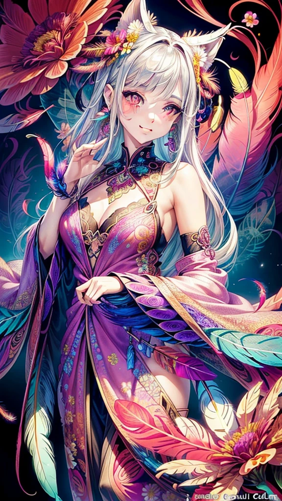 (official art, beautiful and aesthetic:1.2), (1girl:1.3),(fractal art:1.1),(colorful:1.1)(flowers:1.3),highest detailed,(zentangle:1.2),(abstract background:1.3), (shiny skin), (many colors:1.4), (earrings), (feathers:1.5), silver hair, pink eyes, cat ears, long hair, happy face