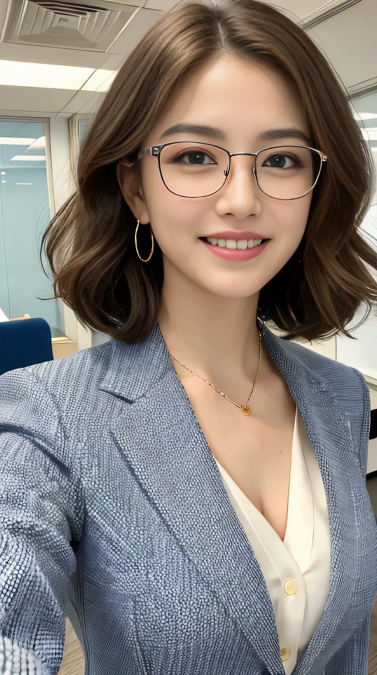 Highest quality:1.2), RAW Photos, High resolution, Very detailed, Intricate details, short hair、Brown Hair、Wavy Hair、ear piercing、Glasses、smile、Emphasis on teeth、, (Front view, ), Clear beauty, Necklace around the neck、,, (High quality fabric, Office Lady Suits、Jacket、Unbuttoned white shirt） 、Detailed face, indoor,
