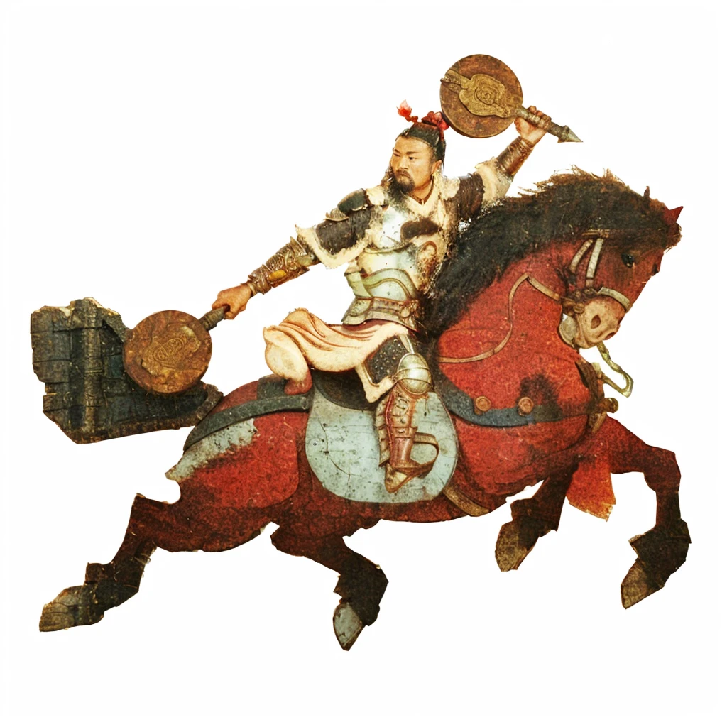 an ancient chinese warrior wearing armour, holding round hammer, rigin red brown horse