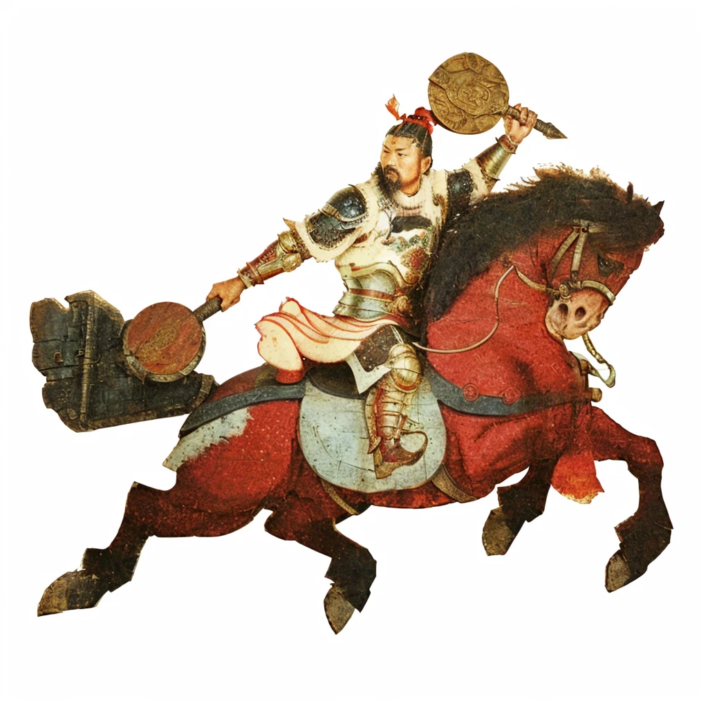 an ancient chinese warrior wearing armour, holding round hammer, rigin red brown horse
