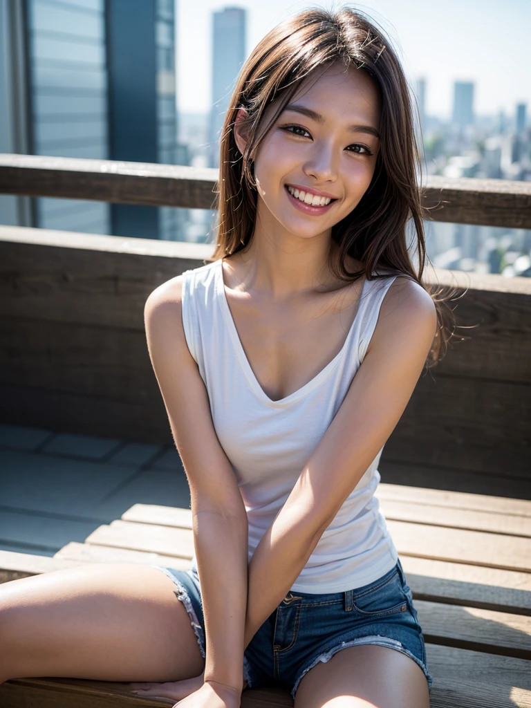 ((Ultra-detailed)), (top-quality), ((masterpiece)), ((Super exciting)), ((8K)), ((1080p)), ((extremely clear)), ((Very sophisticated)),((natural lighting)), ((depth of fields)), ((Glowing skin)), ((gleaming)), ((shiny-glistening)), (3D)), ((Perfect Anatomy)), (Realistic skin texture), ((Detailed face description)), (((perfect balance))), (((Solo))), ((a girl)), (grinned)), (slanted eyes), (sit on bench), (grinned), ((sleeveless)), (shirts), (short pants), ((Tokyo background)),