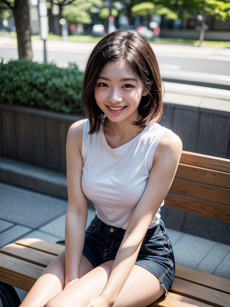 ((Ultra-detailed)), (top-quality), ((masterpiece)), ((Super exciting)), ((8K)), ((1080p)), ((extremely clear)), ((Very sophisticated)),((natural lighting)), ((depth of fields)), ((Glowing skin)), ((gleaming)), ((shiny-glistening)), (3D)), ((Perfect Anatomy)), (Realistic skin texture), ((Detailed face description)), (((perfect balance))), (((Solo))), ((a girl)), (grinned)), (slanted eyes), (sit on bench), (grinned), ((sleeveless)), (shirts), (short pants), ((Tokyo background)),