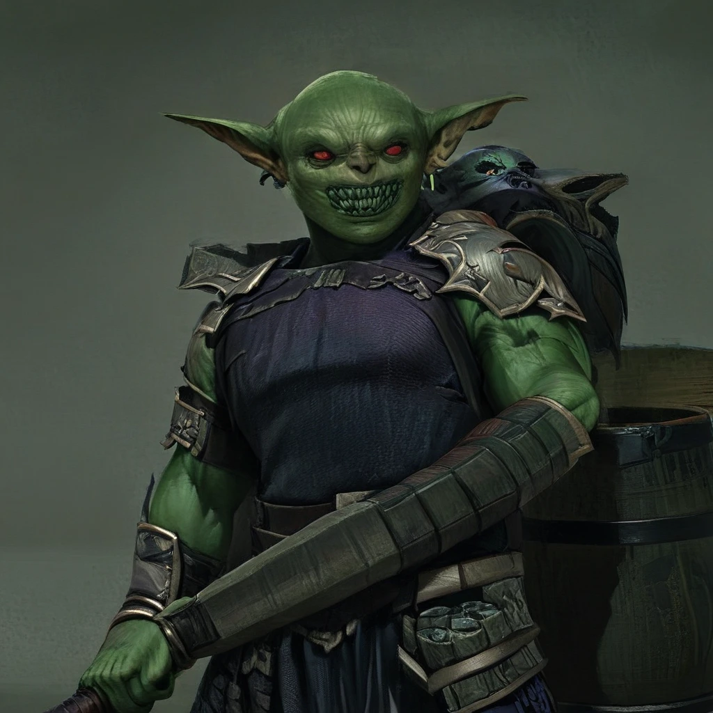 a small male goblin (1.40m), green skin, bald, frowning, scar on the face, purple left iris, black right eye iris, with a staff in his hand (necromancy). (scenery)forest a carriage with barrels, surrounded by undead, full body image, cinematic lighting, 8k, hyper realistic, masterpiece, fantasy art