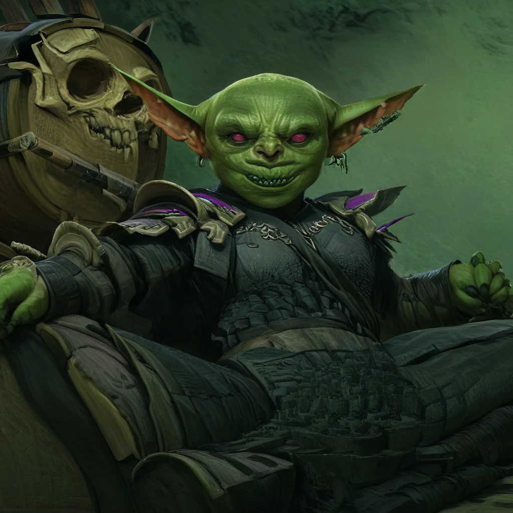 a small male goblin (1.40m), green skin, bald, frowning, scar on the face, purple left iris, black right eye iris, with a staff in his hand (necromancy). (scenery)forest a carriage with barrels, surrounded by undead, full body image, cinematic lighting, 8k, hyper realistic, masterpiece, fantasy art