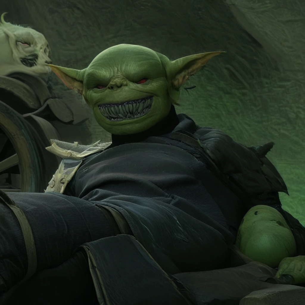 a small male goblin (1.40m), green skin, bald, frowning, scar on the face, purple left iris, black right eye iris, with a staff in his hand (necromancy). (scenery)forest a carriage with barrels, surrounded by undead, full body image, cinematic lighting, 8k, hyper realistic, masterpiece, fantasy art
