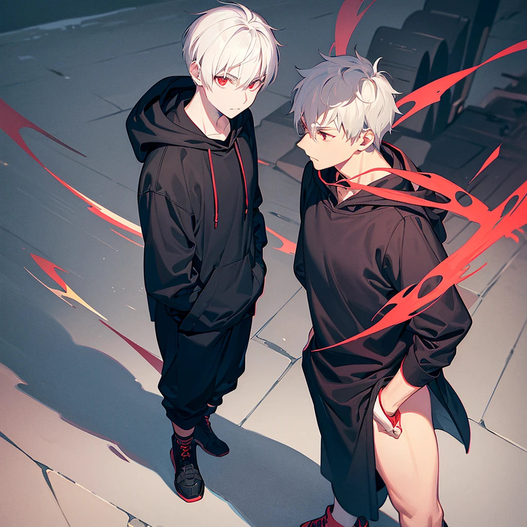 A young man with short white hair, red eyes, masculine face. Wearing a black hoodie with gray details. He is standing, looking to the side. On a center of a city. Dungeons and Dragons art direction, studio ghibli Style
