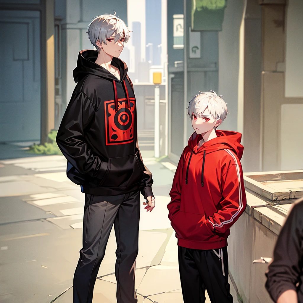 A young man with short white hair, red eyes, masculine face. Wearing a black hoodie with gray details. He is standing, looking to the side. On a center of a city. Dungeons and Dragons art direction, studio ghibli Style