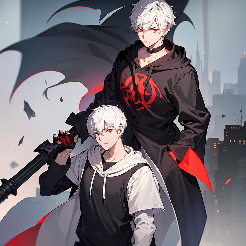 A young man with short white hair, red eyes, masculine face. Wearing a black hoodie with gray details. He is standing, looking to the side. On a center of a city. Dungeons and Dragons art direction, studio ghibli Style