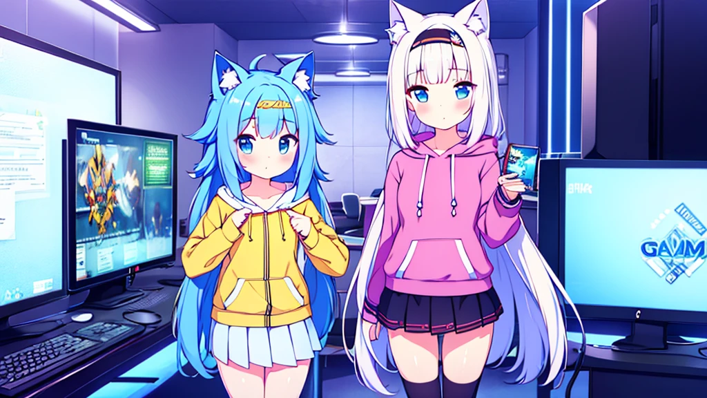 1 beautiful girl, great image quality ,nekomimi, with lots of detail, ray tracing, blush on the cheeks headband on the head in a gaming,outfit hoodie, short pleated mini skirt, gamer, long stockings, blue eyes, blue hair long, , in a neon room, PC gaming, perfect anatomy, 
