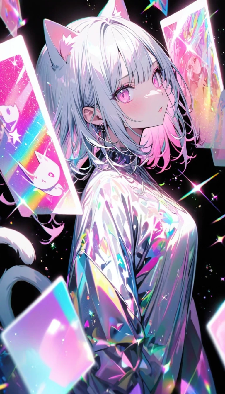 A high-quality hologram card, pretty girl,Cat ear, Beautiful silver hair,Pink inside,Beautiful pink eyes,with glitter, and a black background around the card, clear coloring, and colorful