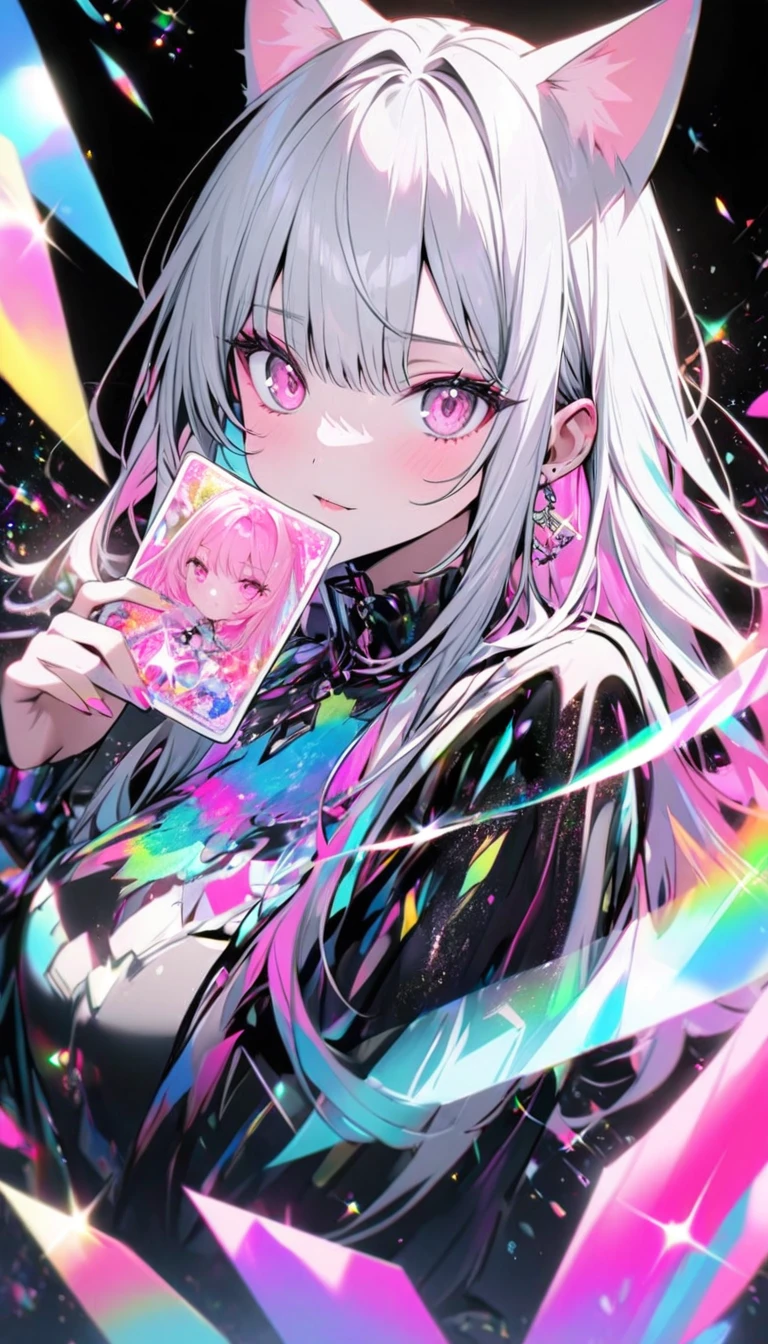 A high-quality hologram card, pretty girl,Cat ear, Beautiful silver hair,Pink inside,Beautiful pink eyes,with glitter, and a black background around the card, clear coloring, and colorful