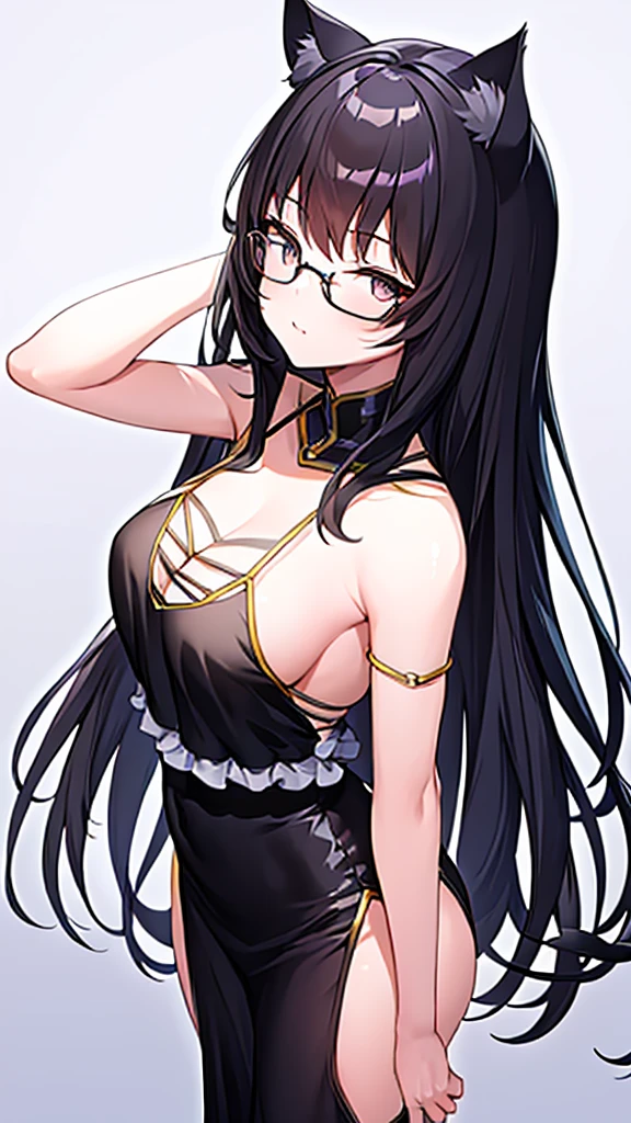 A 20-year-old cat girl with long black hair, gray eyes, cat ears and a cat tail, wears glasses, black  long dresses sexy, sleeveless, standing, looking down