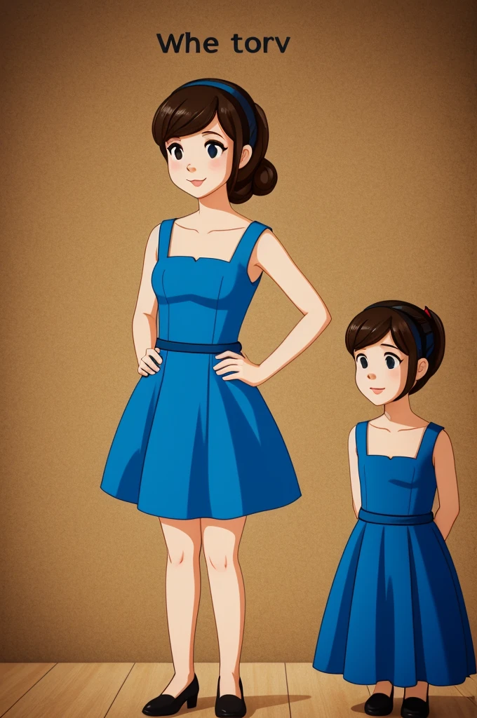 Cartoon of a girl in a blue dress speaking saying to wait for her