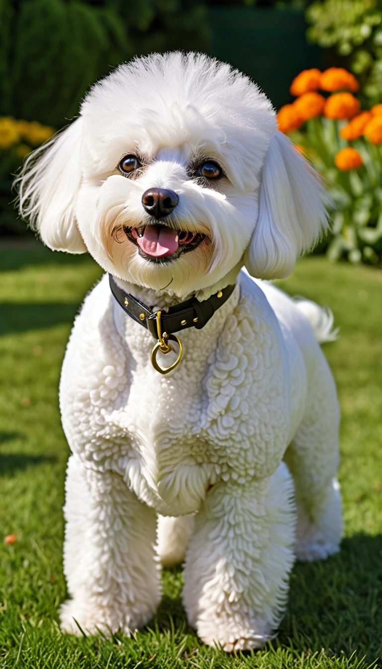 There is no one, realistic photo, photo realism, realism, bichon, perfect composition, intricate details, Very sharp, masterpiece, profile, high resolution, looking at the viewer, Full body photo in garden background