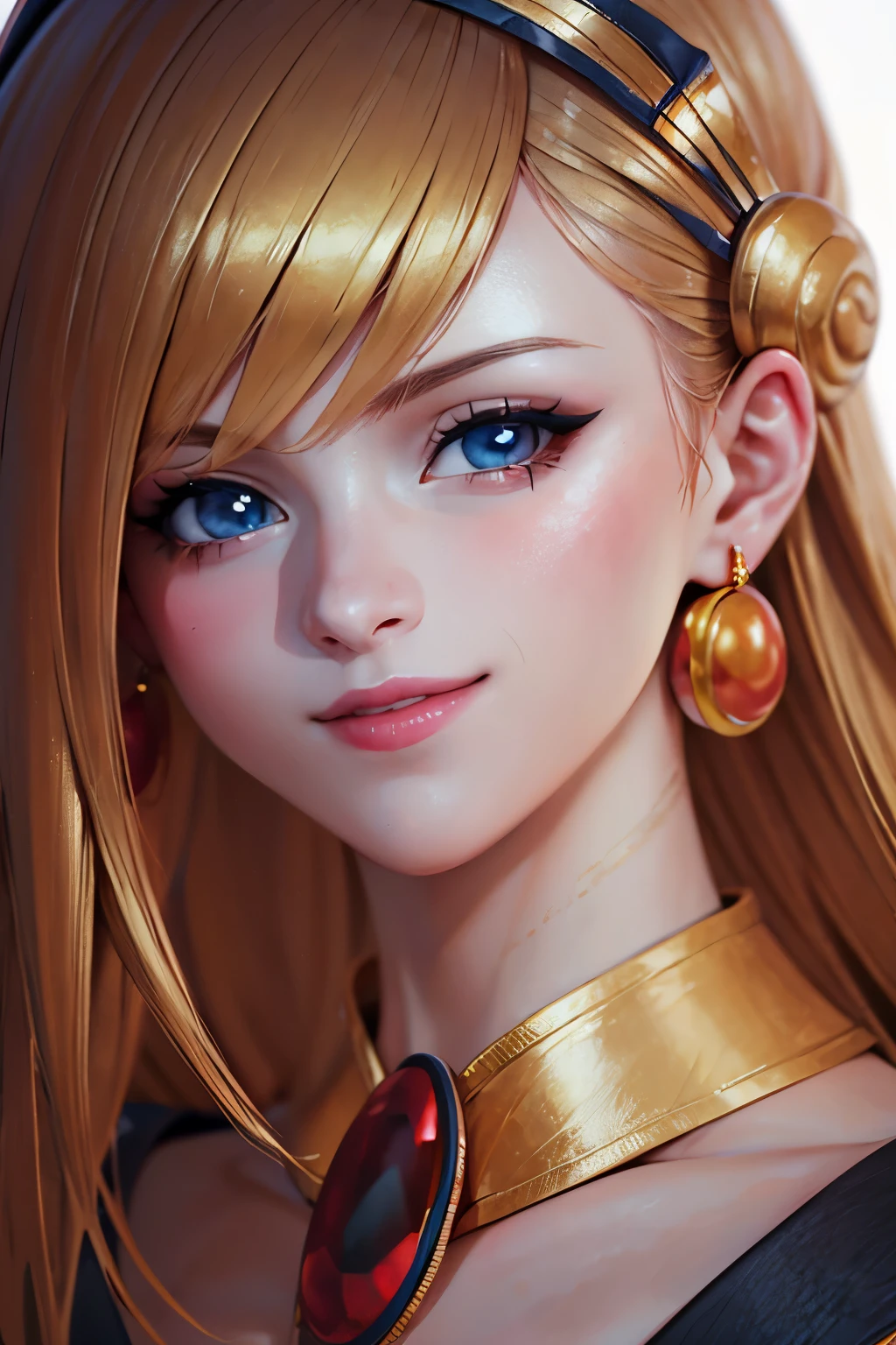 Beautiful face of dark wizard gils.. Blue eyes. Red lips. long blonde hair. gold necklace. gold earrings. smile on his lips. beautiful. Perfect face. half body shot. Half body only 