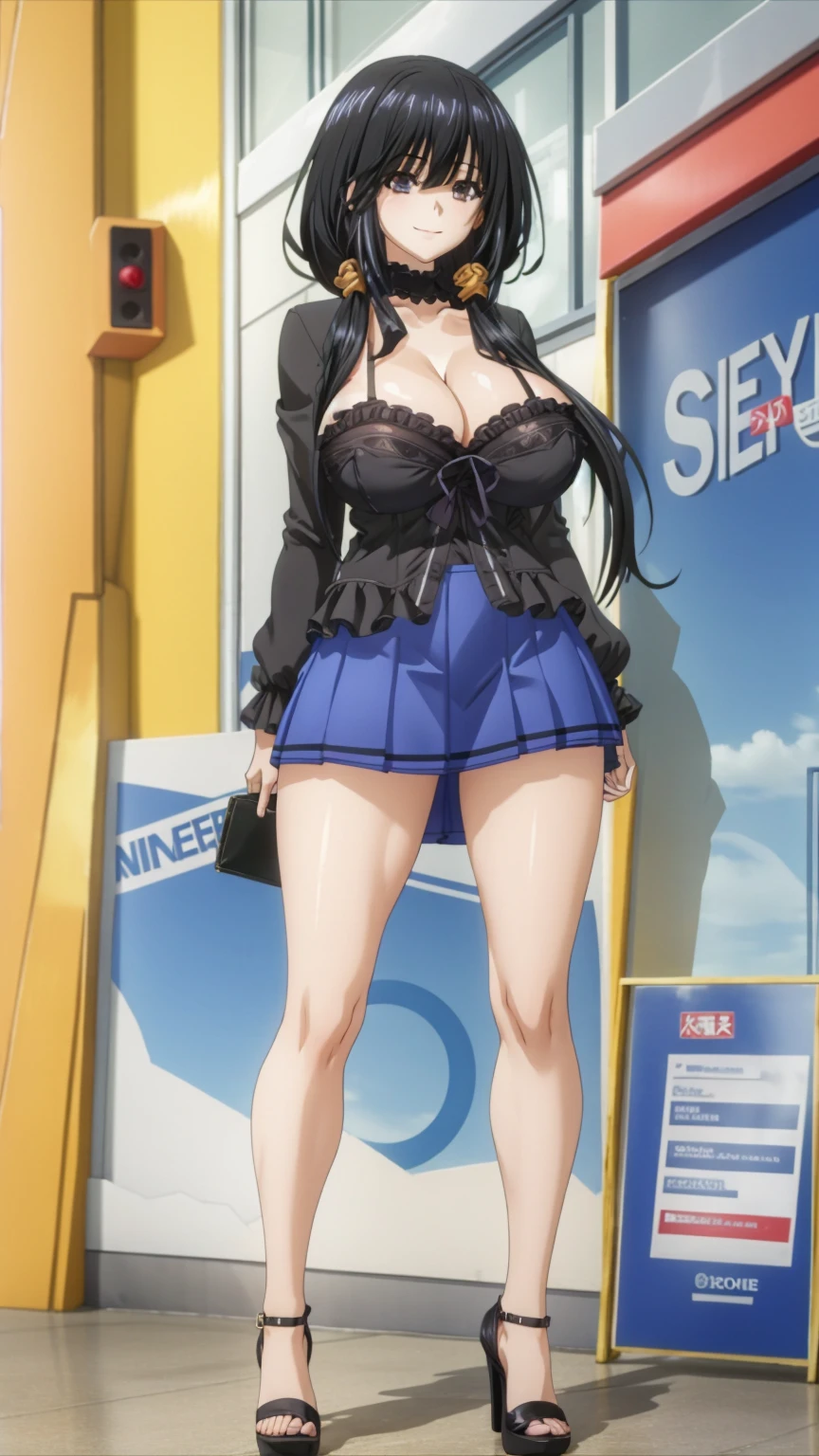 1 girl, very big breasts, very sexy body, 1 girl in, a smile, looks at the viewer, black shirt, super short white school miniskirt, full body, giant breasts, cleavage, giant breasts, heels, background in the mountains 1 girl , with big breasts. long legs QUEEN huge tits, (cleavage), high legs, (standing), sexy and muscular body. short skirt.4k hd
