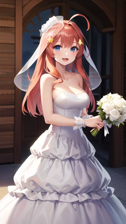masterpiece, best quality, highres, aaitsuki, long hair, ahoge, star hair ornament, bridal veil, collarbone, bare shoulders, strapless, wedding dress, white dress, wrist cuffs, graden, standing, holding bouquet, smile, open mouth,