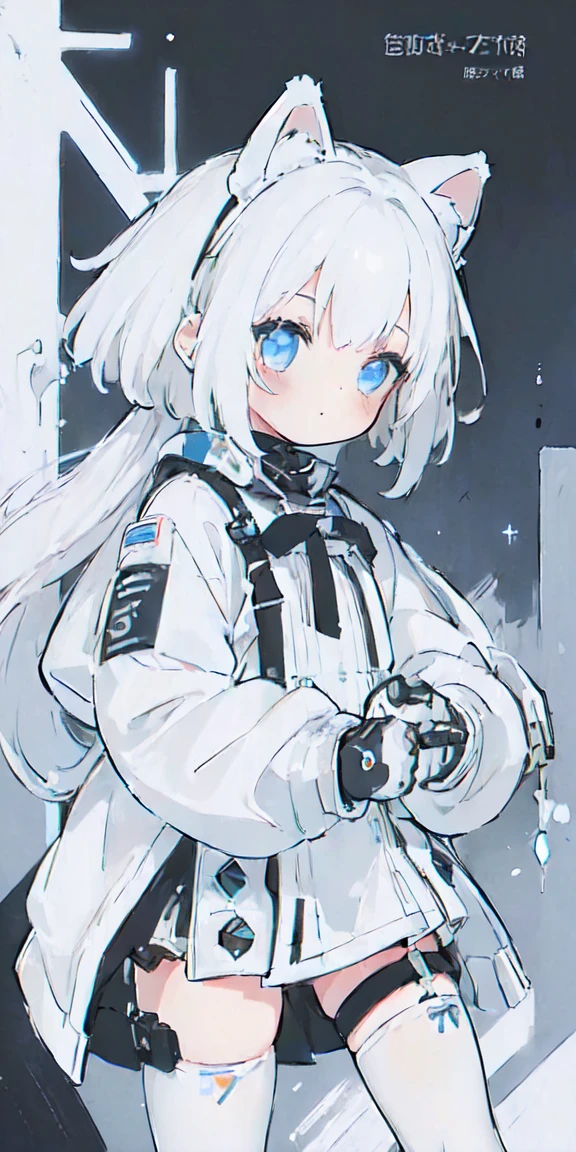 (One girl, alone:1.4),

 Nice hands, Perfect hands, Cat ear,
 Serverpunk Art,

White clothes, baby doll, White straitjacket， Armor Light， Cybernetic Headdress，