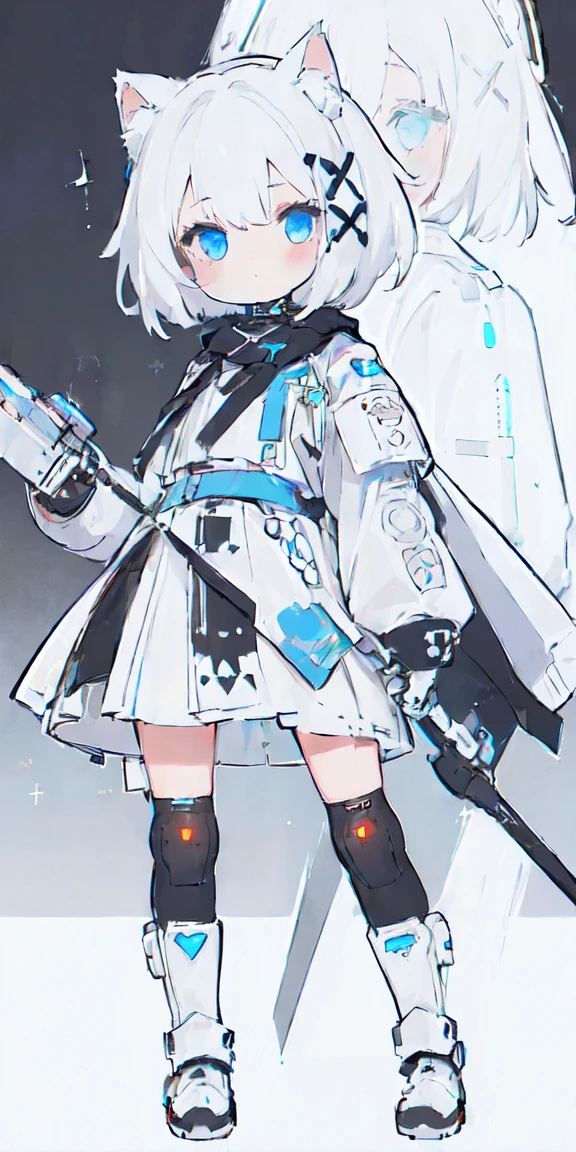 (One girl, alone:1.4),

 Nice hands, Perfect hands, Cat ear,
 Serverpunk Art,

White clothes, baby doll, White straitjacket， Armor Light， Cybernetic Headdress，