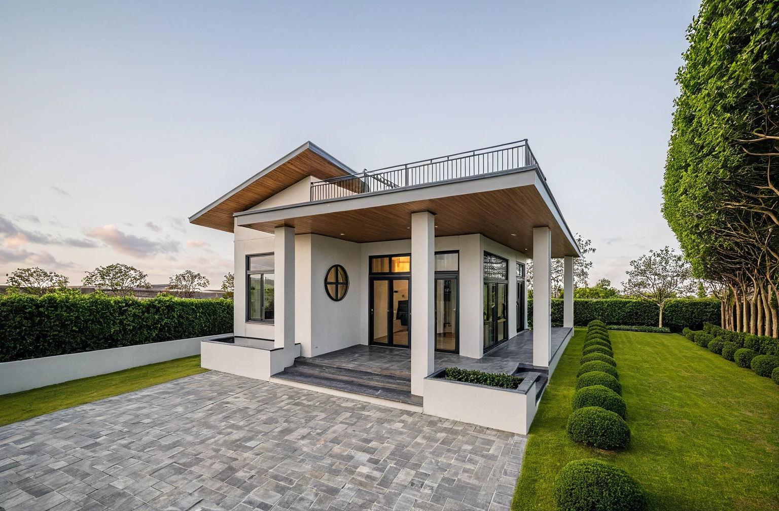 head of'artwork, High quality, best quality, authentique, great detail, En plein air, villa de plain-piedXL, credit group, style de maison moderne dans la rue ,stairs, white wall ,road,pavement, grass, trees, sky, nuvens, (day light:1.1)