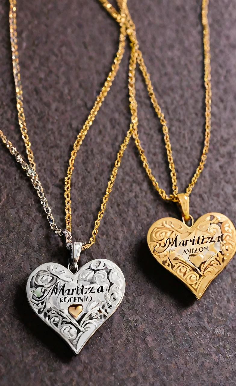 Two heart-shaped necklaces that say Maritza and Eugenio