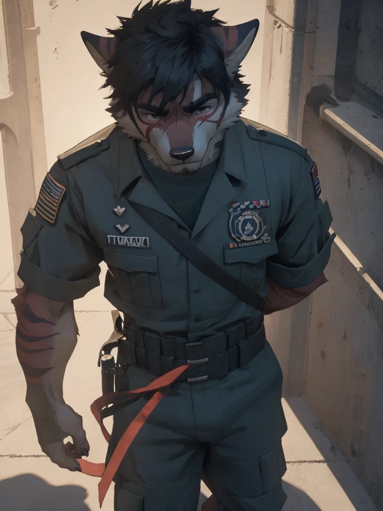 Male, male focus, Wolf, black fur, white fur, short hair, black hair, red heart stripes on his hair, scar, 20 years old, navy seal military uniform, military cruiser, dramatic effect, dramatic light, shadow, shade, higlight, high quality, high details, High detailed image, high quality image, Very detailed shadows, high detail shadows, night