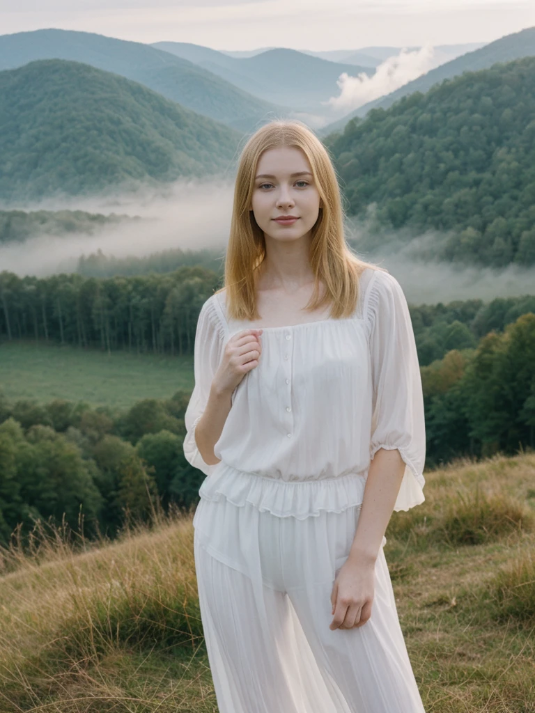 her name is Marie, high quality, 1girl, ((20-year-old fit Caucasian woman)), ((20 years old)), ((fit)), ((pale skin tone)), medium length straight blonde hair , wearing sheer puff-sleeve blouse with pleated culottes, pose: standing, background: Capture the scenic beauty of the Great Smoky Mountains, with mist rolling over the lush, forested hills and valleys, creating a dreamy, ethereal landscape.