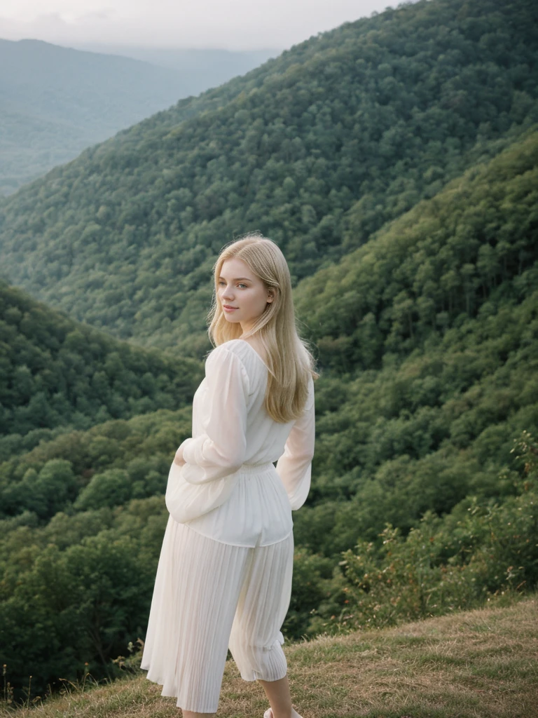 her name is Marie, high quality, 1girl, ((20-year-old fit Caucasian woman)), ((20 years old)), ((fit)), ((pale skin tone)), medium length straight blonde hair , wearing sheer puff-sleeve blouse with pleated culottes, pose: standing, background: Capture the scenic beauty of the Great Smoky Mountains, with mist rolling over the lush, forested hills and valleys, creating a dreamy, ethereal landscape.