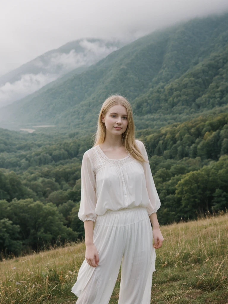 her name is Marie, high quality, 1girl, ((20-year-old fit Caucasian woman)), ((20 years old)), ((fit)), ((pale skin tone)), medium length straight blonde hair , wearing sheer puff-sleeve blouse with pleated culottes, pose: standing, background: Capture the scenic beauty of the Great Smoky Mountains, with mist rolling over the lush, forested hills and valleys, creating a dreamy, ethereal landscape.