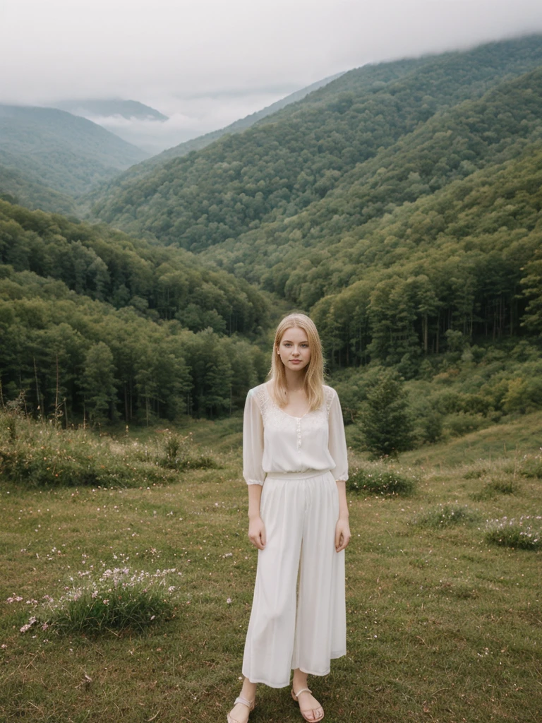 her name is Marie, high quality, 1girl, ((20-year-old fit Caucasian woman)), ((20 years old)), ((fit)), ((pale skin tone)), medium length straight blonde hair , wearing sheer puff-sleeve blouse with pleated culottes, pose: standing, background: Capture the scenic beauty of the Great Smoky Mountains, with mist rolling over the lush, forested hills and valleys, creating a dreamy, ethereal landscape.