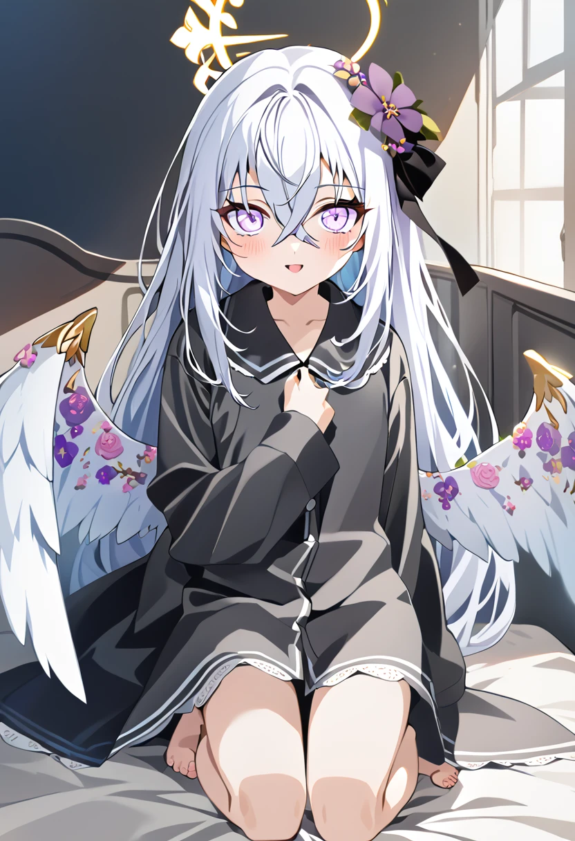 azusa \(blue archive\), 1girl alternate_costume angel_wings barefoot black_pajamas blanket crossed_bangs feathered_wings feet halo kneeling long_hair on_bed open_mouth pajamas purple_eyes sidelocks smile solo toes under_covers very_long_hair white_hair wings