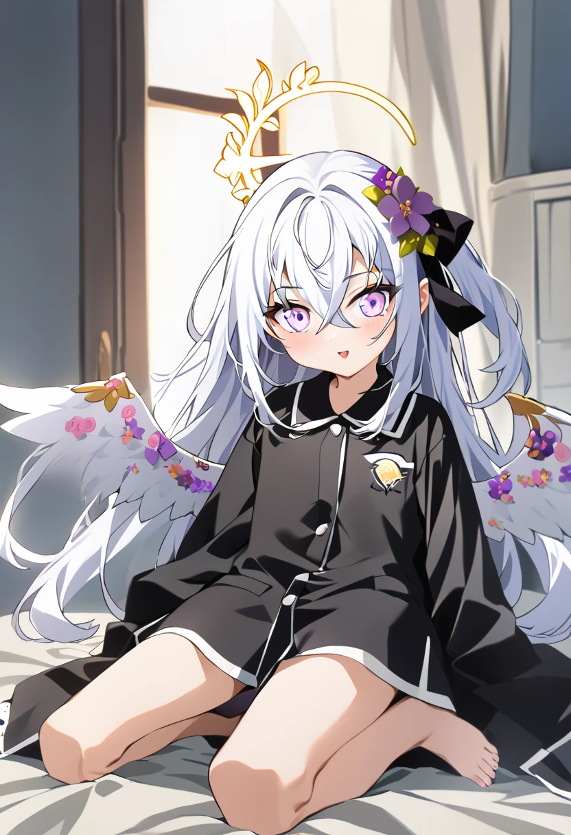 azusa \(blue archive\), 1girl alternate_costume angel_wings barefoot black_pajamas blanket crossed_bangs feathered_wings feet halo kneeling long_hair on_bed open_mouth pajamas purple_eyes sidelocks smile solo toes under_covers very_long_hair white_hair wings