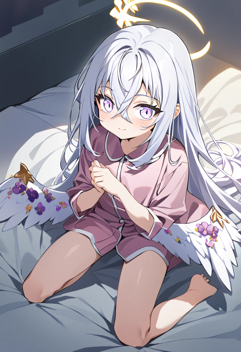 azusa \(blue archive\), 1girl alternate_costume angel_wings barefoot black_pajamas blanket crossed_bangs feathered_wings feet halo kneeling long_hair on_bed open_mouth pajamas purple_eyes sidelocks smile solo toes under_covers very_long_hair white_hair wings