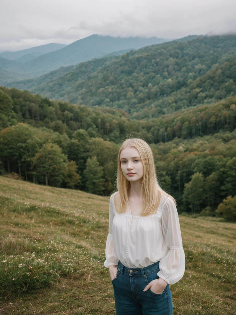 her name is Marie, high quality, 1girl, ((20-year-old fit Caucasian woman)), ((20 years old)), ((fit)), ((pale skin tone)), medium length straight blonde hair , wearing sheer puff-sleeve blouse with pleated culottes, pose: standing, background: Capture the scenic beauty of the Great Smoky Mountains, with mist rolling over the lush, forested hills and valleys, creating a dreamy, ethereal landscape.