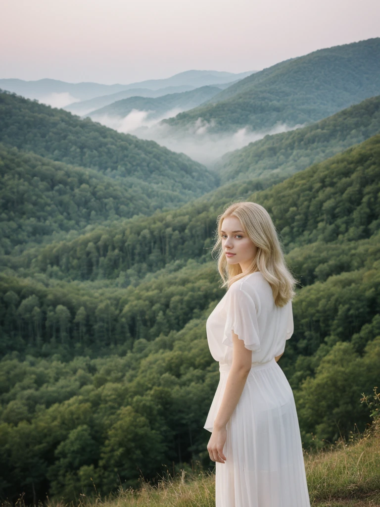 her name is Marie, high quality, 1girl, ((20-year-old fit Caucasian woman)), ((20 years old)), ((fit)), ((pale skin tone)), medium length straight blonde hair , wearing sheer puff-sleeve blouse with pleated culottes, pose: standing, background: Capture the scenic beauty of the Great Smoky Mountains, with mist rolling over the lush, forested hills and valleys, creating a dreamy, ethereal landscape.