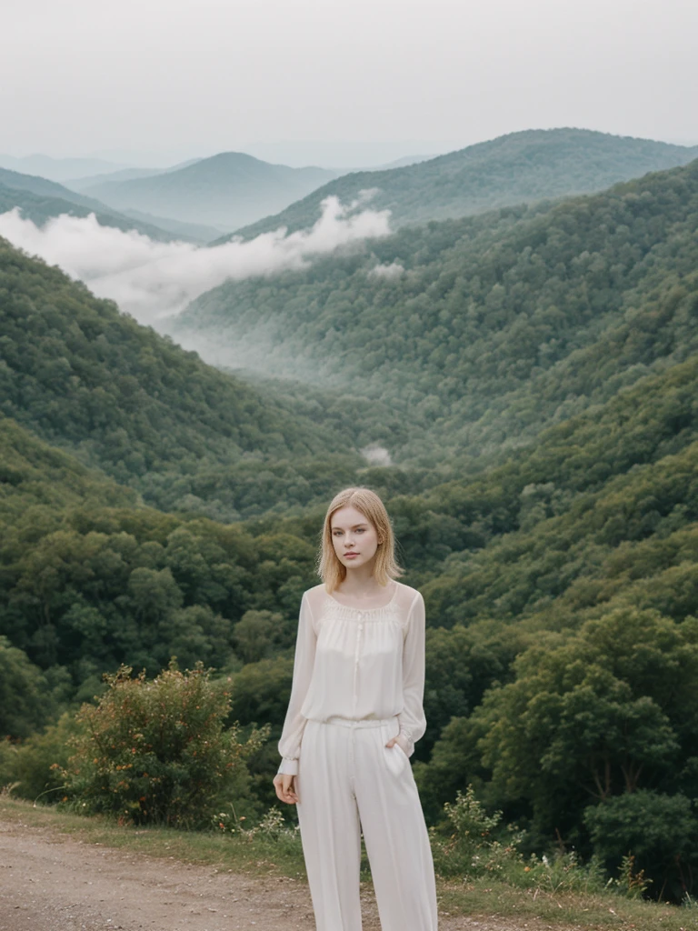 her name is Marie, high quality, 1girl, ((20-year-old fit Caucasian woman)), ((20 years old)), ((fit)), ((pale skin tone)), medium length straight blonde hair , wearing sheer puff-sleeve blouse with pleated culottes, pose: standing, background: Capture the scenic beauty of the Great Smoky Mountains, with mist rolling over the lush, forested hills and valleys, creating a dreamy, ethereal landscape.